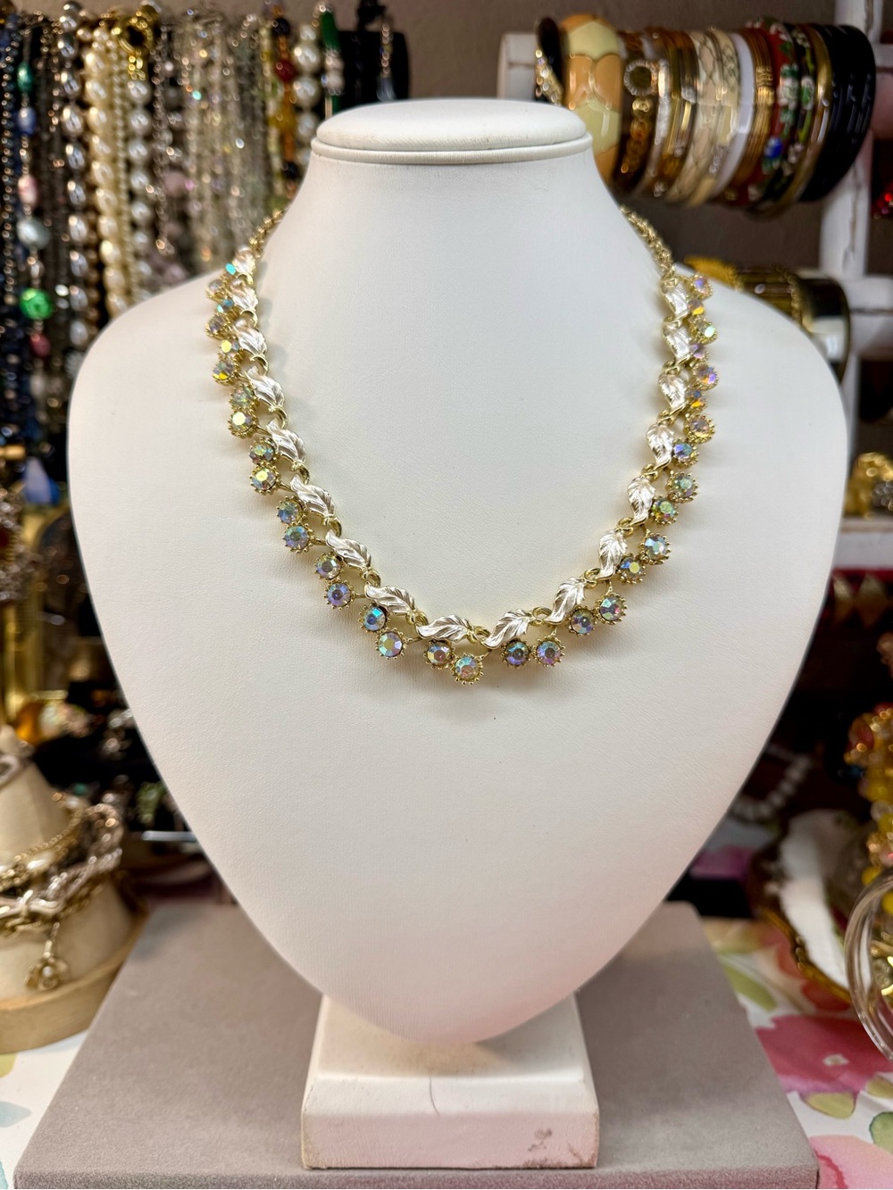 Vintage Coro Gold-Tone Aurora Borealis Crystal Leaf Necklace